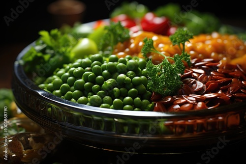 View of the top. Marinated peas. Dry peppers., generative IA photo