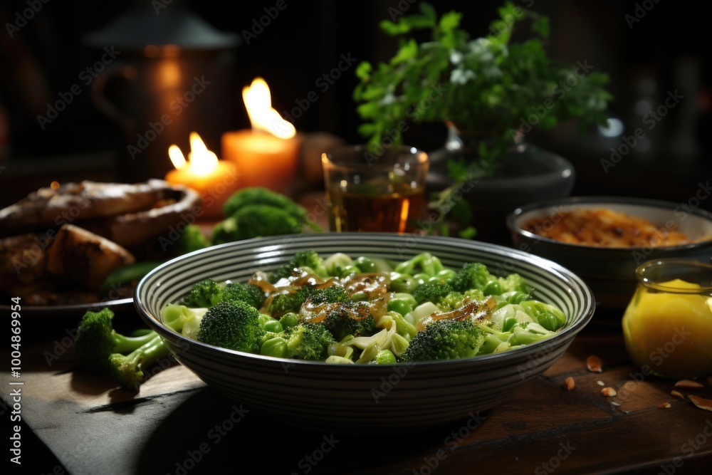 Side view near the vegetable bowl with fork and peas bowl on the dark gray table, generative IA Side view near the vegetable bowl with fork and peas bowl on the dark gray table, generative IA