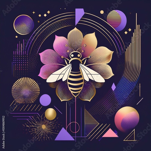 Biene auf Blume geometrische illustration violetttöne