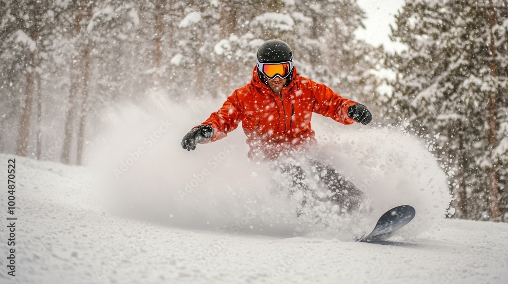 A snowboarder in an orange jacket and helmet carves a turn, creating a spray of snow. A snowboarder in an orange jacket and helmet carves a turn, creating a spray of snow.