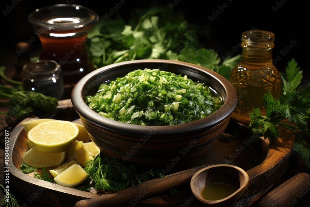 Upper view dovga soup in wooden bowl parsley bottle of green onion oil on the ta, generative IA Upper view dovga soup in wooden bowl parsley bottle of green onion oil on the ta, generative IA