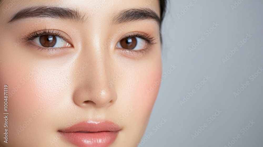 A woman with brown eyes and a pinkish tint to her lips A woman with brown eyes and a pinkish tint to her lips