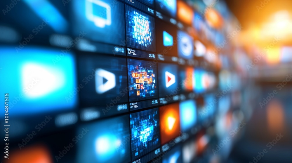 A row of television screens with a blue background and orange A row of television screens with a blue background and orange