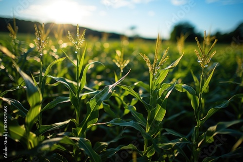 Corn fields photographic theme of agriculture. Small corn plants., generative IA photo