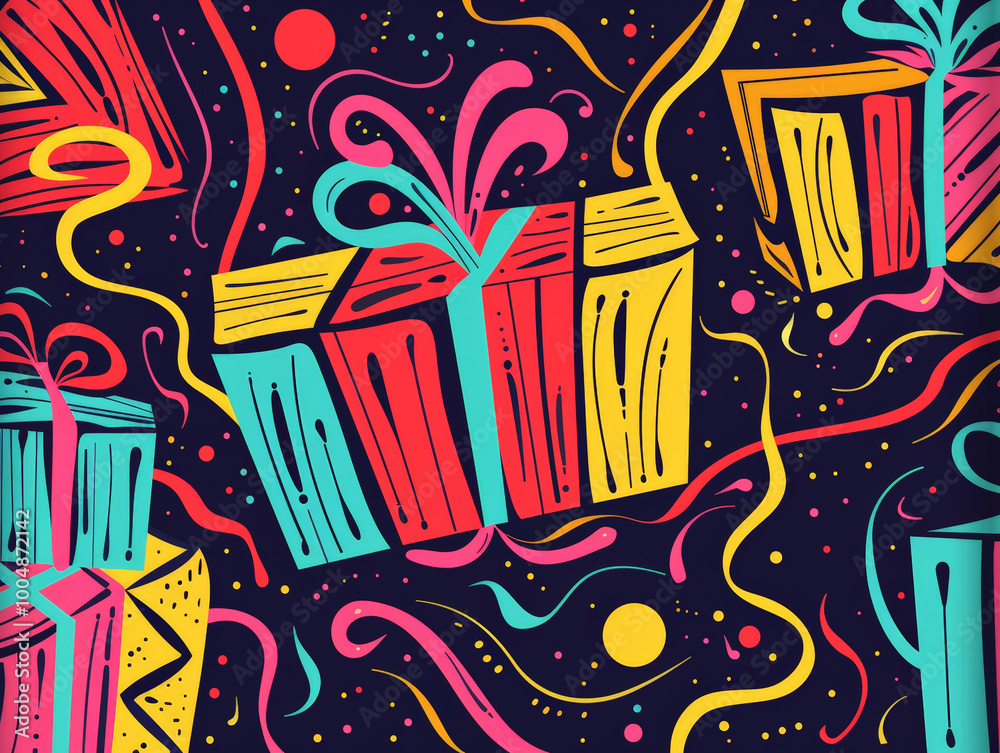 Colorful gift boxes with dynamic lines and playful swirls create an energetic and festive atmosphere. Colorful gift boxes with dynamic lines and playful swirls create an energetic and festive atmosphere.