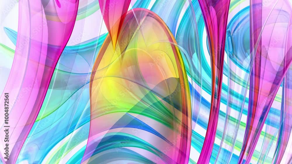 3d render of abstract video animation 3d background with part of surreal alien flower sculpture in curved wavy lines forms in translucent glass plastic material in purple blue yellow on white back