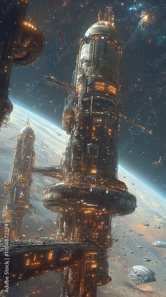Futuristic Space Station Orbiting a Planet - Sci-Fi Concept Art Stock ...