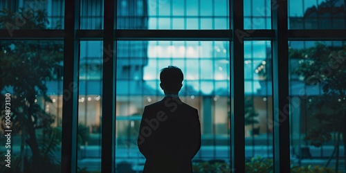 Silhouette of a businessman standing by an office window, overlooking the cityscape in the evening