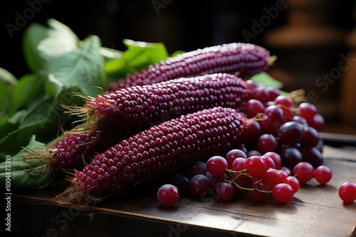 Fresh Spike of Purple Corn on the dark wood Sia Ruby Queen or Sweet Red Corn, generative IA photo