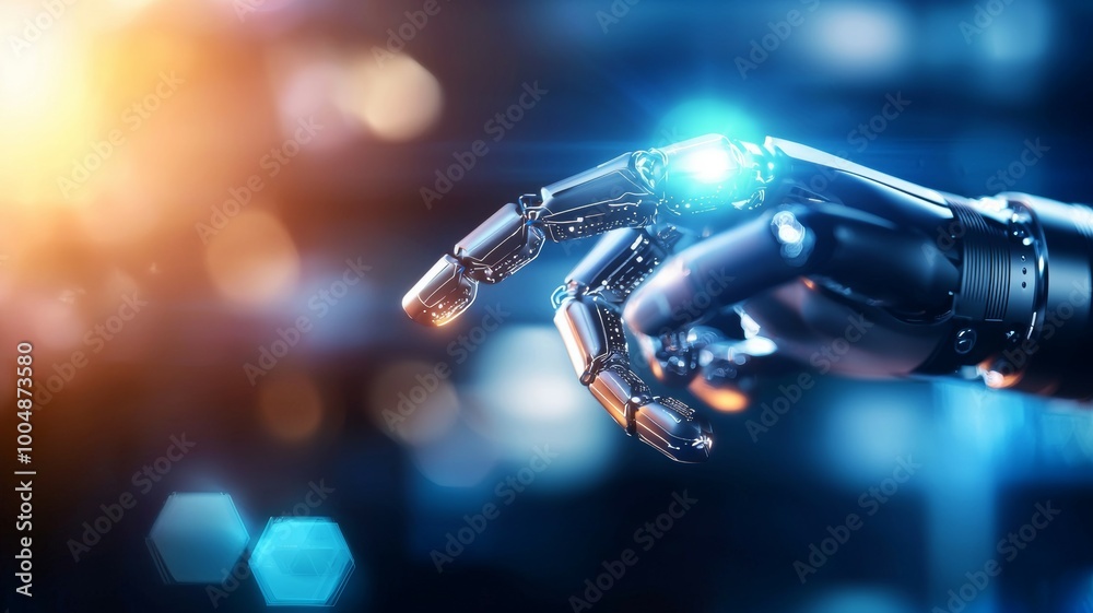 A robotic hand pointing to something in the distance A robotic hand pointing to something in the distance