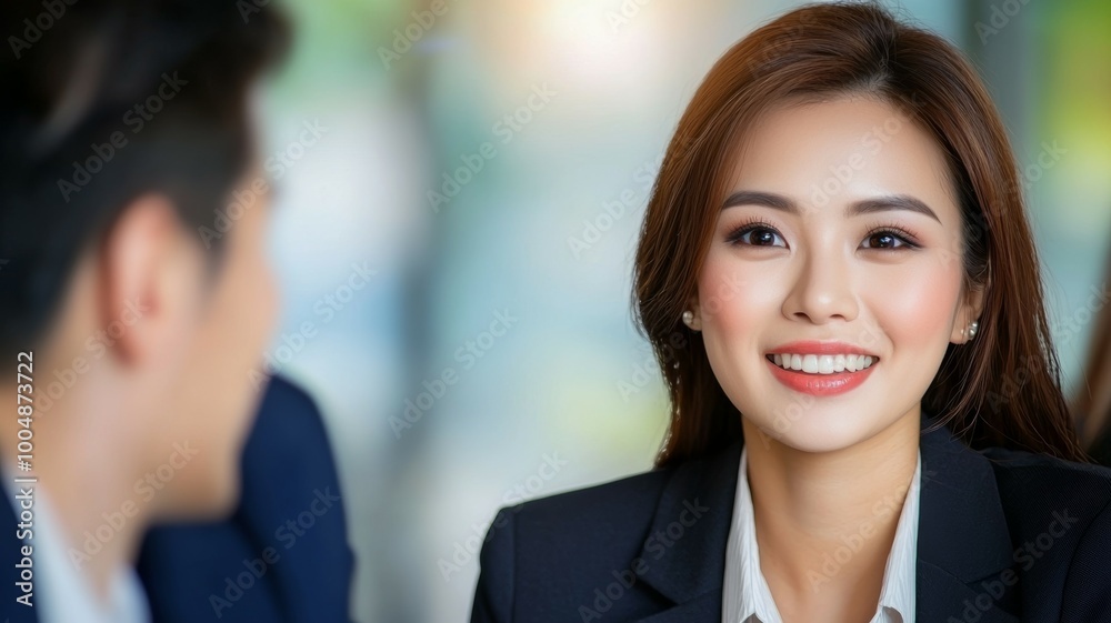 A woman in a business suit is smiling at a man A woman in a business suit is smiling at a man