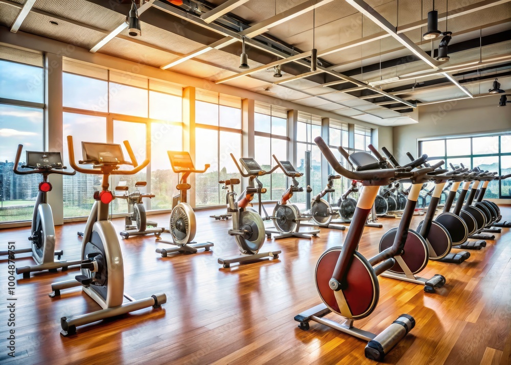 Modern gym interior featuring stationary bicycles and fitness equipment for indoor cycling workouts Modern gym interior featuring stationary bicycles and fitness equipment for indoor cycling workouts