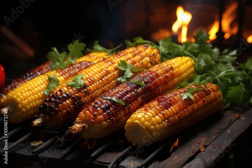 Grilled corn ears on the bottom of wood., generative IA