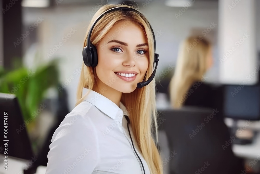 Smiling female customer service representative wearing a headset, working in a call center Smiling female customer service representative wearing a headset, working in a call center