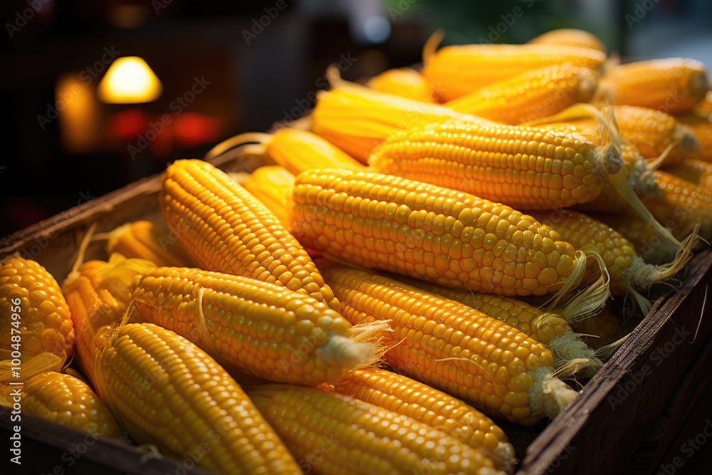 Fresh yellow corn for sale in the farmers' market. food., generative IA Fresh yellow corn for sale in the farmers' market. food., generative IA