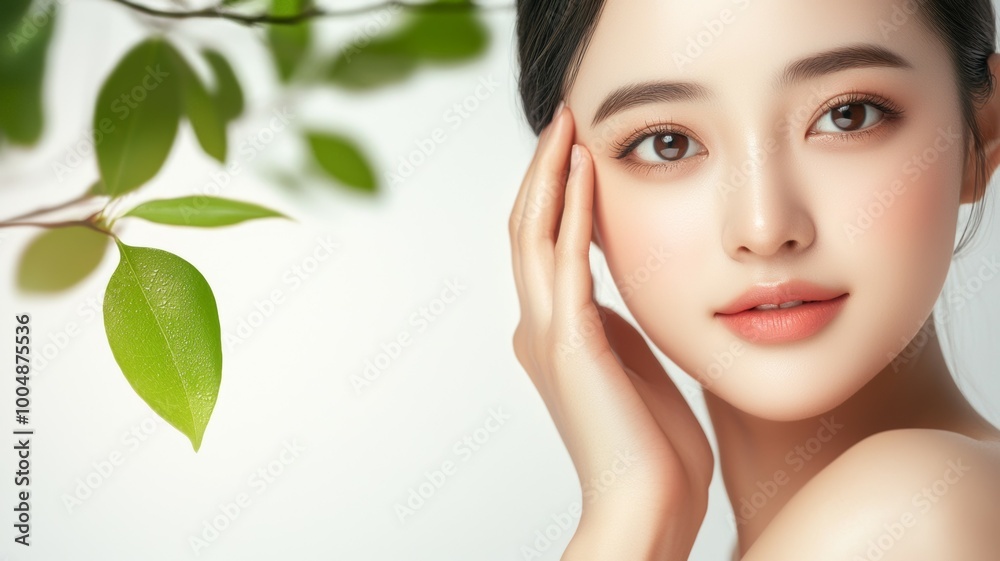 A woman with a green leaf in the background A woman with a green leaf in the background