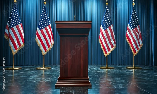 Podium and american flag in row, US presidential election Video