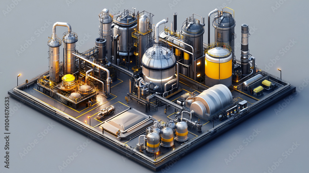 A chemical plant with reactors and storage tanks. A chemical plant with reactors and storage tanks.