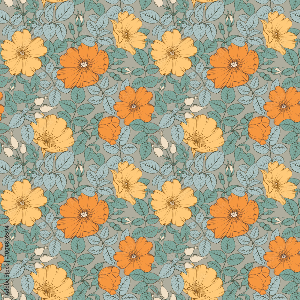 custom made wallpaper toronto digitalBeige floral pattern with Rose. Botanical rosehip