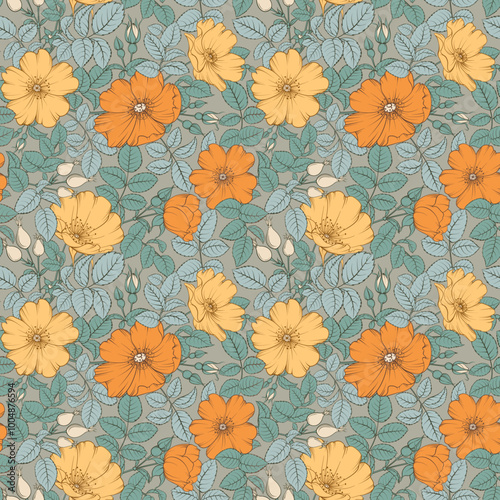 Wallpaper Mural Beige floral pattern with Rose. Botanical rosehip Torontodigital.ca