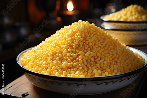 Stack of raw corn grains in a white bowl., generative IA