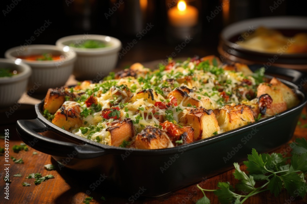 Corn bread oyster stuffing for thanksgiving in the wooden table, generative IA Corn bread oyster stuffing for thanksgiving in the wooden table, generative IA