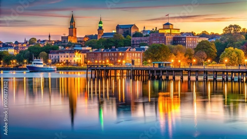 Panoramic View of Old Town Alexandria Piers at Dawn from Potomac River in Virginia Historic District