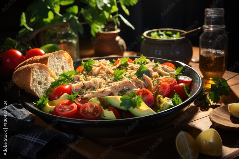 Side sighted tuna salad with cannon cable capers tomatoes and lemon slice in a , generative IA Side sighted tuna salad with cannon cable capers tomatoes and lemon slice in a , generative IA