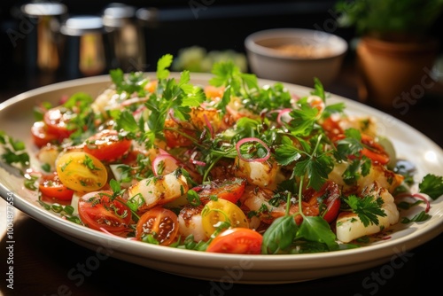 White shrimp salad with corn lettuce and chives, generative IA