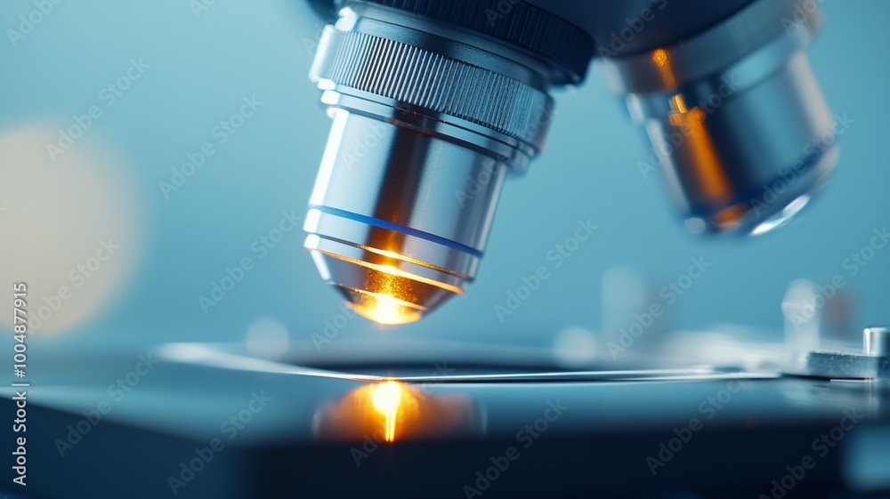 A microscope is focused on a small object, with the light shining brightly on it A microscope is focused on a small object, with the light shining brightly on it