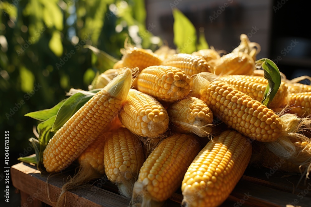 A yellow mart of sweet corn in the field collect the corn crop in the fall verti, generative IA A yellow mart of sweet corn in the field collect the corn crop in the fall verti, generative IA