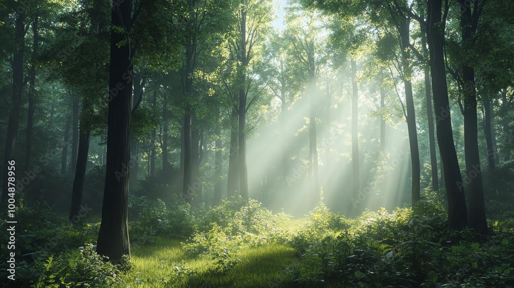 Obraz premium Sunlight streams through a dense forest, creating a mystical and magical atmosphere.
