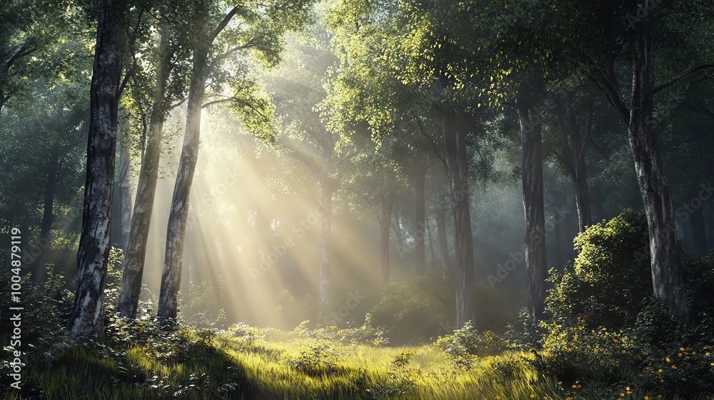 Sun rays shine through the trees in a misty forest. Sun rays shine through the trees in a misty forest.