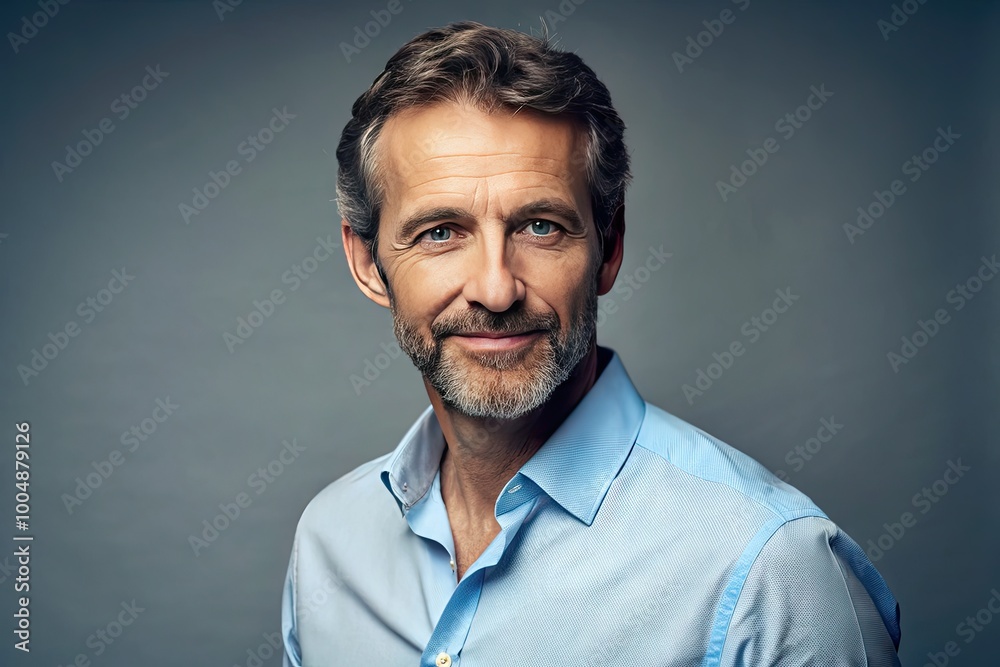 Portrait of a Middle-Aged Man in Light Blue Dress Shirt with Friendly Expression and Casual Pose Portrait of a Middle-Aged Man in Light Blue Dress Shirt with Friendly Expression and Casual Pose