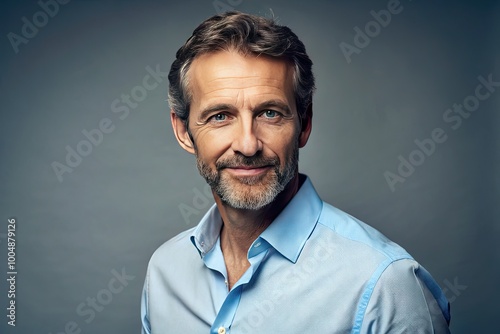 Portrait of a Middle-Aged Man in Light Blue Dress Shirt with Friendly Expression and Casual Pose