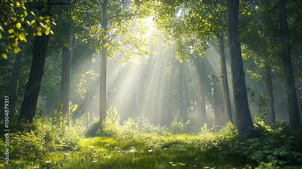 Obraz premium Sunlight beams through the trees of a lush forest.