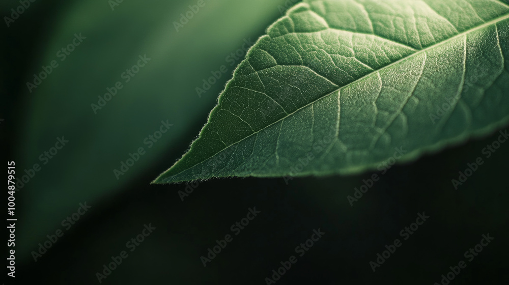 Dark, moody green leaves in focus, with soft light highlighting their veins and texture, creating a serene and mysterious atmosphere. Dark, moody green leaves in focus, with soft light highlighting their veins and texture, creating a serene and mysterious atmosphere.