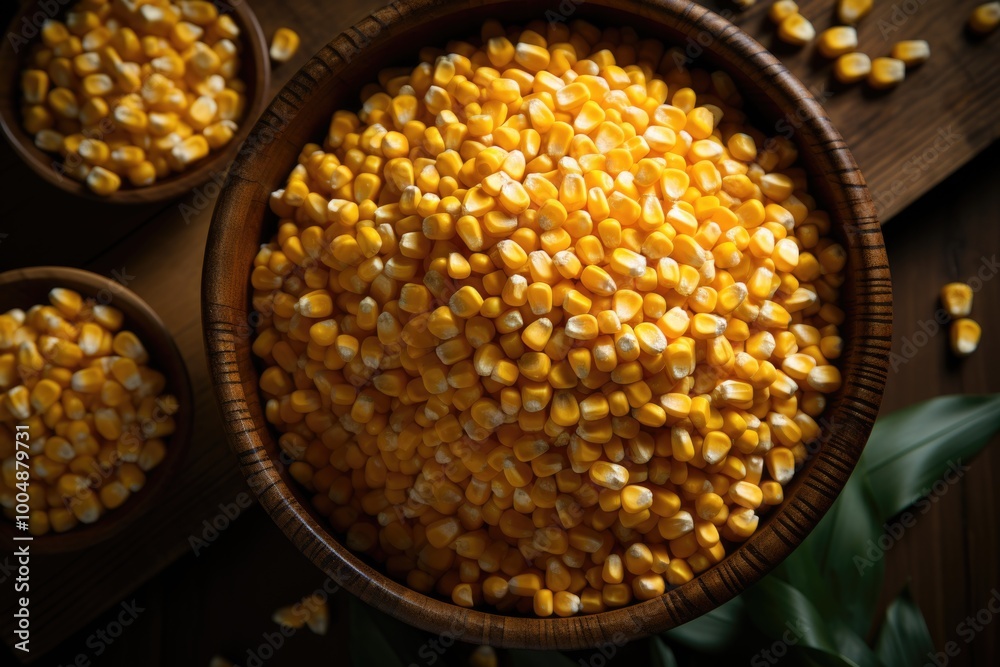Top view of corn seeds in a wooden bowl on white fabric, generative IA Top view of corn seeds in a wooden bowl on white fabric, generative IA