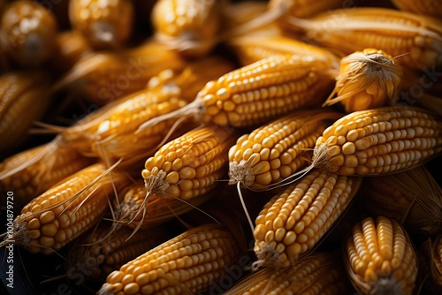 Upper view of dried corn seeds with copy space in the middle in gray, generative IA photo