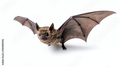 A bat is flying in the air with its wings spread out