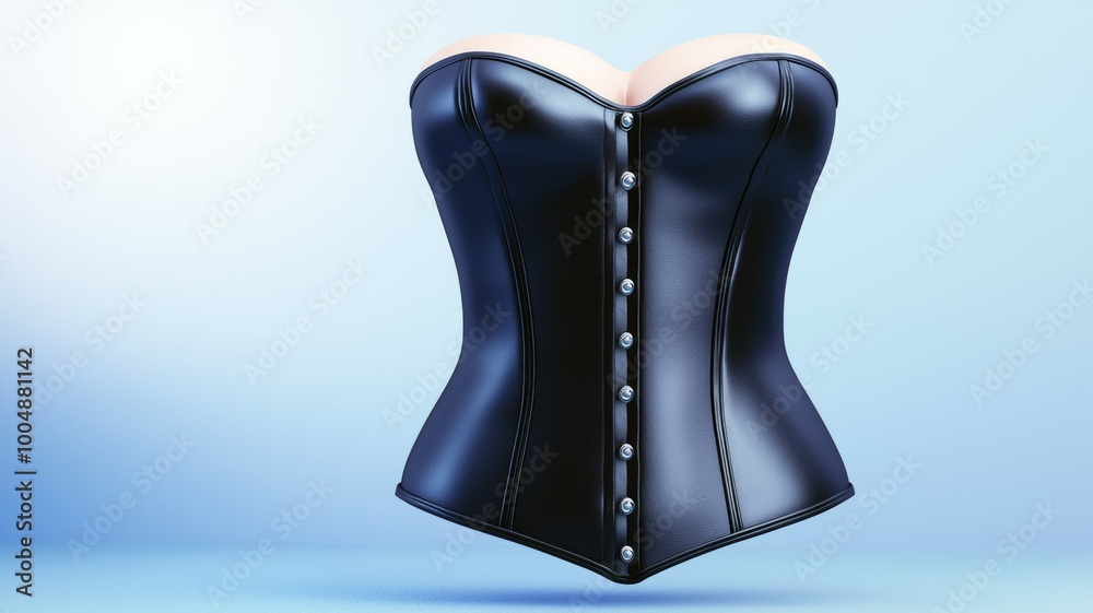 A black leather corset with a gold button on the front A black leather corset with a gold button on the front