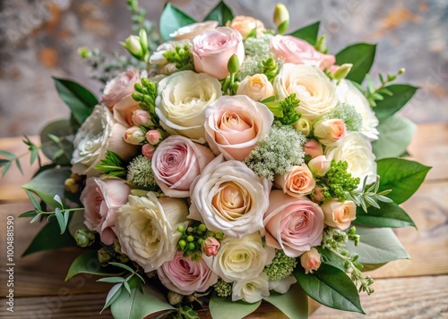 Romantic Love Bouquet Arrangement in Soft Pastel Colors Surrounded by Delicate Greenery and Light