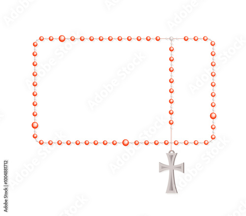 Rosary beads concept. Red catholic beads with cross. Religion and faith, belief, spirituality. Sacred jewelry. Template and layout. Flat vector illustration isolated on white background