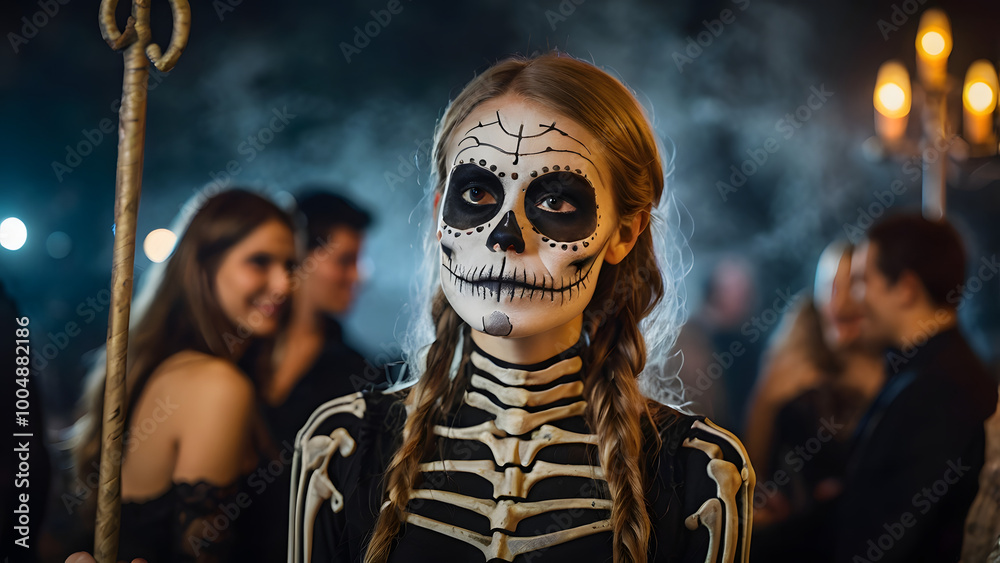 a young woman dressed as a skeleton at a Halloween party generative ai a young woman dressed as a skeleton at a Halloween party generative ai