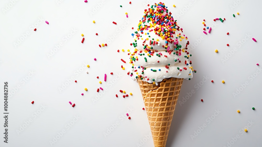 A single scoop of ice cream in a waffle cone with colorful sprinkles. A single scoop of ice cream in a waffle cone with colorful sprinkles.