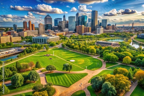 Scenic view of Gold Medal Park featuring lush greenery and the iconic Minneapolis skyline backdrop