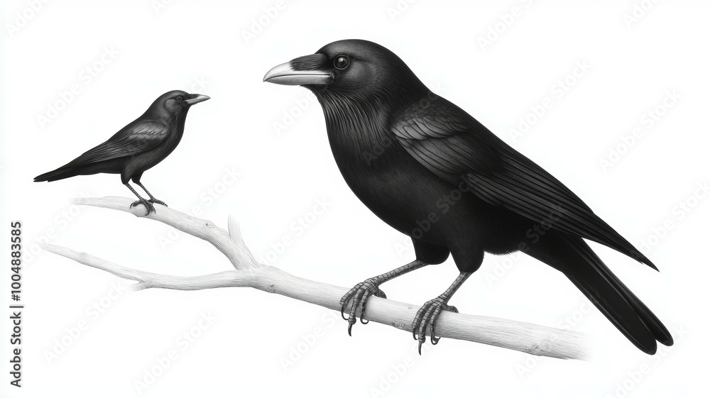 Obraz premium A black crow is perched on a branch next to a smaller bird
