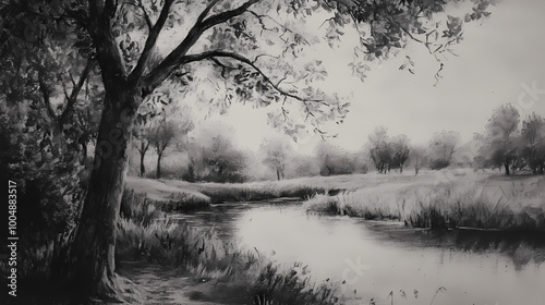 A peaceful and sharp photo of a delicate charcoal sketch of a peaceful countryside scene. Charcoal Sketch. Illustration