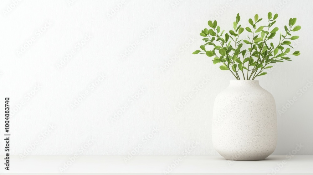 A white vase with a green plant in it sits on a white shelf A white vase with a green plant in it sits on a white shelf