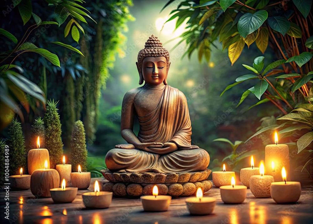 Serene Buddha Statue Surrounded by Flickering Candles Amidst a Lush Natural Background Scene Serene Buddha Statue Surrounded by Flickering Candles Amidst a Lush Natural Background Scene